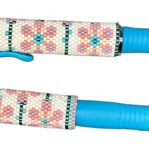 Handcrafted Blue Pen with Pink Floral Beaded Design